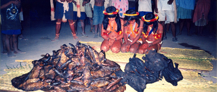 cerimônia apresentando 3 garotas indígenas ajoelhdas, agradecendo pelo alimento obtido.